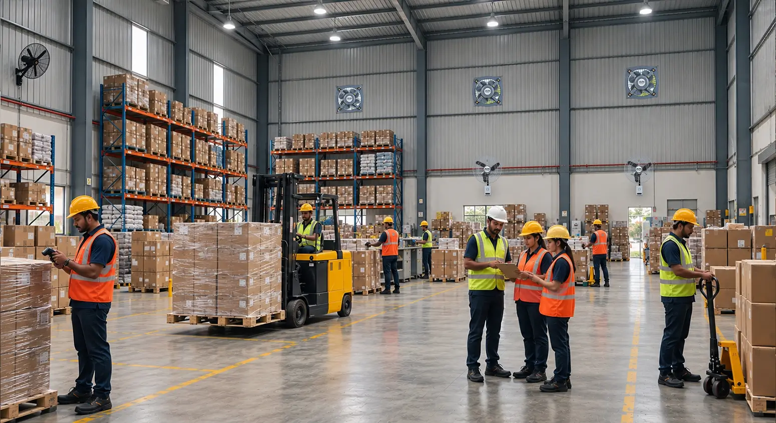 Air circulator fans in a warehouse